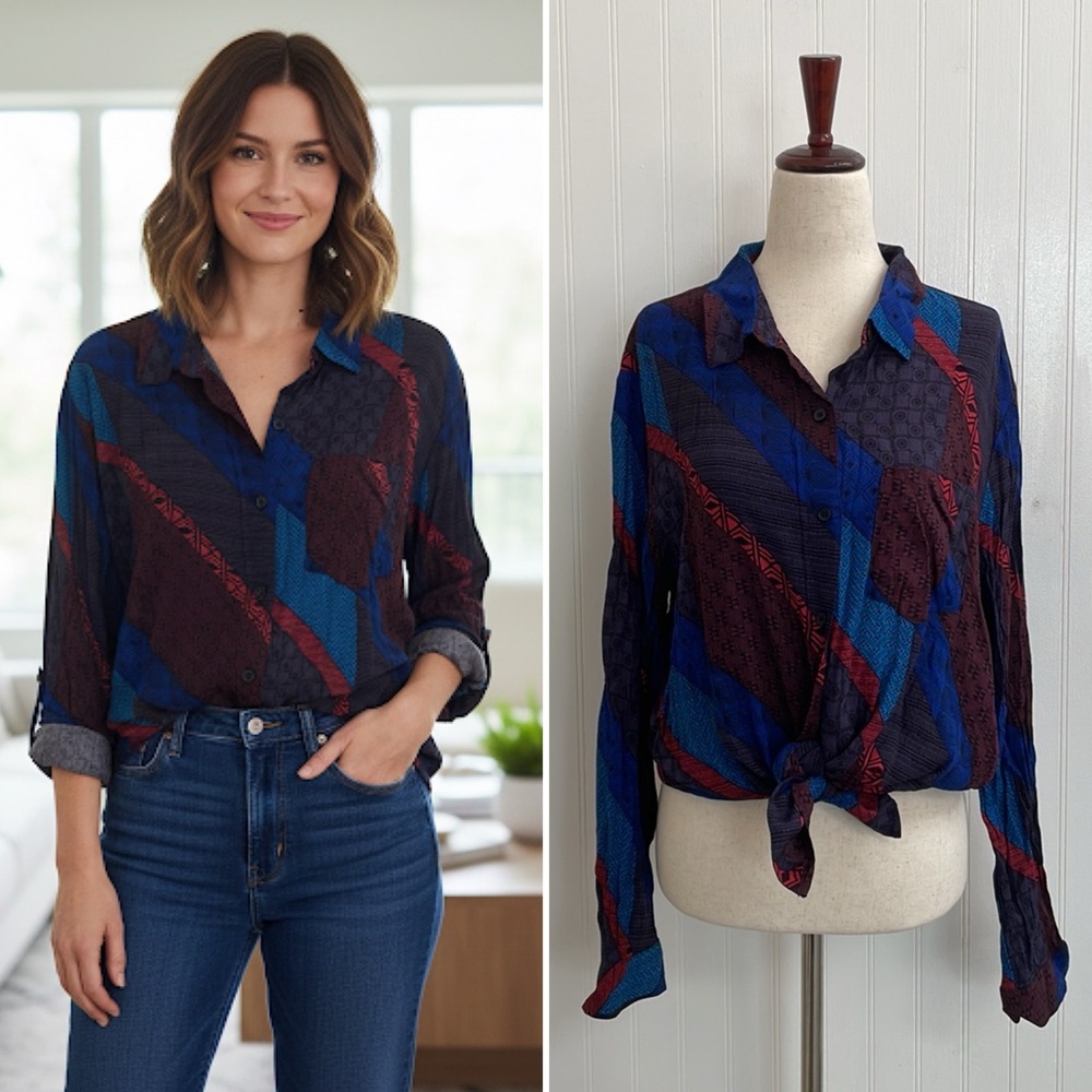 LORD & TAYLOR Multicolor Striped Geometric Long Sleeve Button Up Top Size L